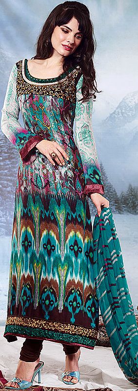 Multi-Color Long Digital Printed Choodidaar Kameez Suit with Embroidery on Neck and Floral Patch Border