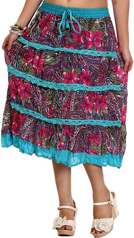 Multi-Color Midi-Skirt with Printed Flowers and Lace