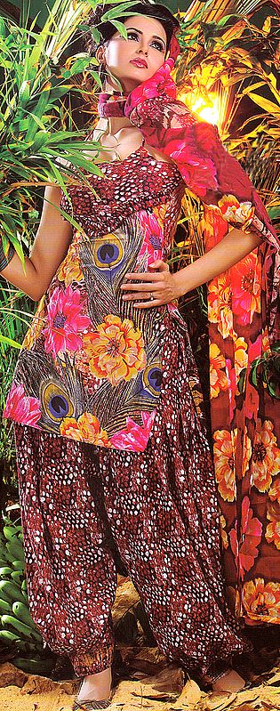 Multi-Color Patiala Salwar Kameez with Large Printed Flowers and Peacock Feathers All-Over