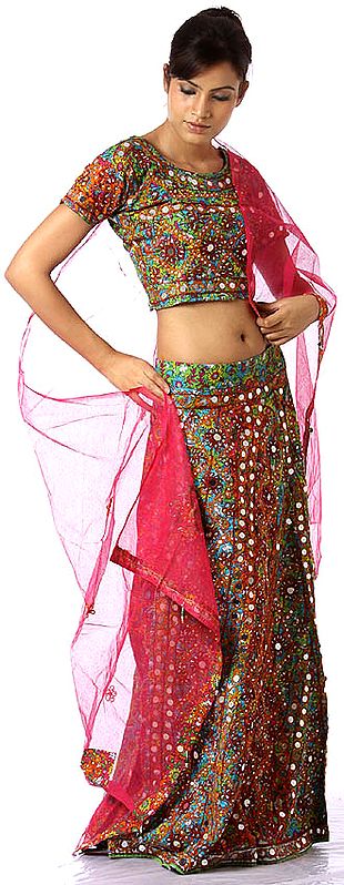 Multi-Color Printed Chaniya Choli from Rajasthan with Mirrors and Embroidery