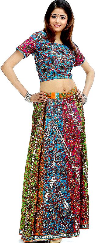 Multi-Color Printed Chaniya Choli from Rajasthan with Large Sequins and Threadwork