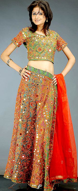 Multi-Color Printed Chaniya Choli from Rajasthan with Large Sequins and Threadwork
