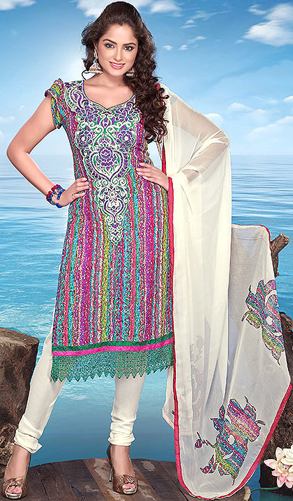 Multi-Color Printed Choodidaar Kameez Suit with Beaded Patch on Neck and Crochet Border
