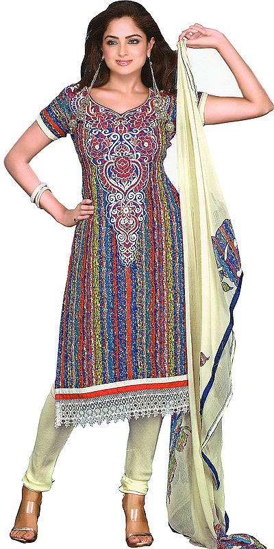 MultiColor Printed Choodidaar Kameez Suit with Thread Embroidered Floral Patch and Crochet Border
