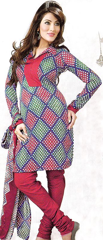 Multi-Color Printed Choodidaar Suit with Self Weave
