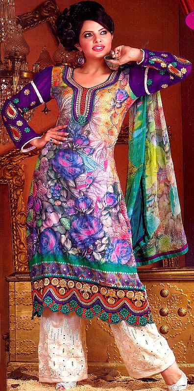 Multi-Color Salwar Kameez Suit with Digital Printed Roses and Patch Border
