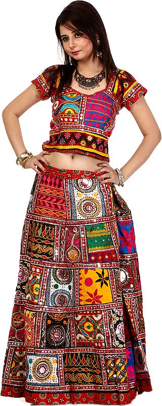 Multi-color Two Piece Embroidered Lehenga Choli Set from Kutch with Sequins and Mirrors