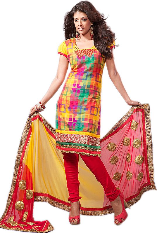 Multi-Color Woven Choodidaar Kameez Suit with Embroidered Patch Border