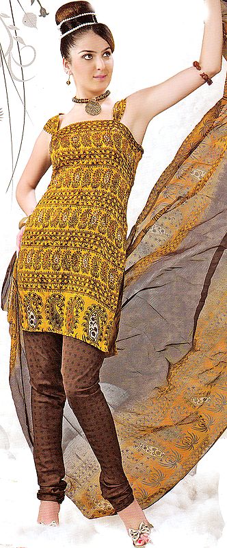 Mustard and Brown Choodidaar Suit with Printed Paisleys and Self Weave All-Over