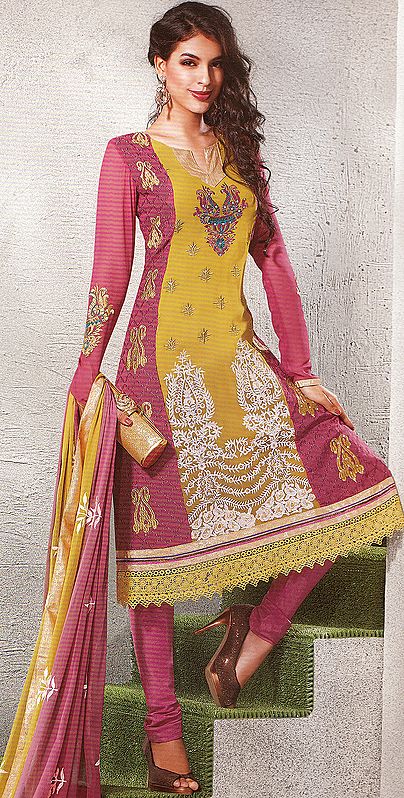 Mustard and Cerise Choodidaar Suit with All-Over Aari Embroidery and Crochet Border