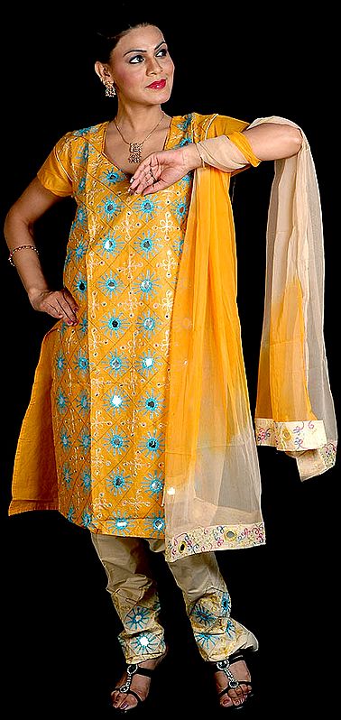 Mustard and Cream Choodidaar Suit with Embroidery and Large Mirrors