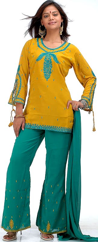 Mustard and Green Suit with Embroidery and Sequins