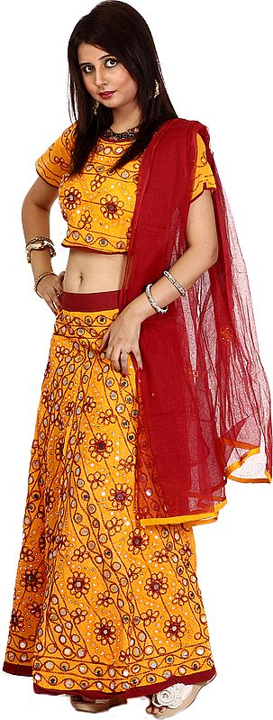 Mustard and Maroon Lehenga Choli from Rajasthan with Embroidered Flowers and Sequins