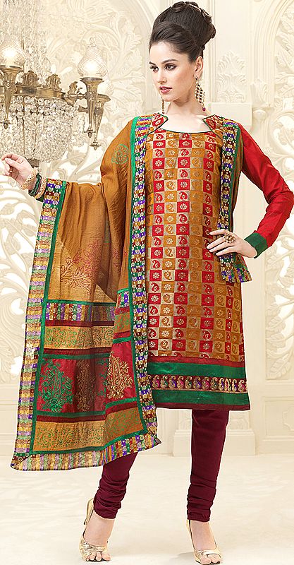 Mustard and Red Brocaded Choodidaar Kameez Suit with Sequins and Patch Border