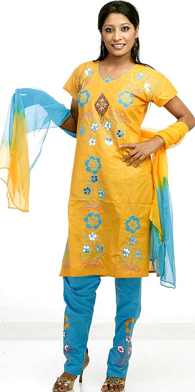 Mustard and Turquoise Floral Choodidaar Suit with Appliqué Work