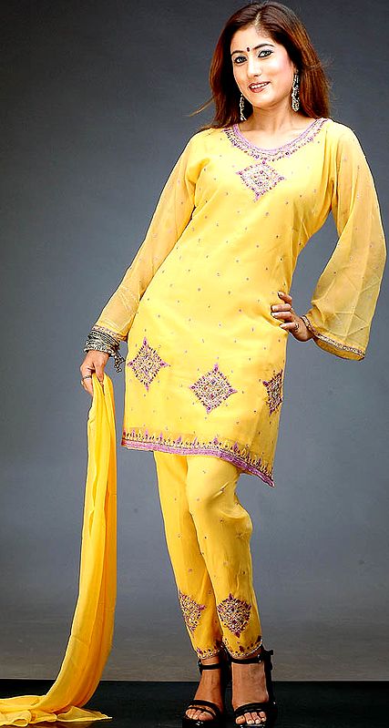 Mustard Choodidaar Suit with Embroidery and Mirrors