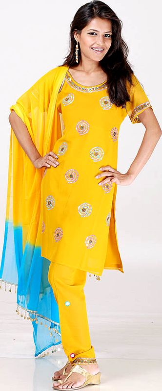 Mustard Churidar Suit with Mirrors and Brass Beads