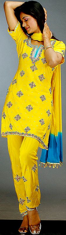 Mustard Choodidaar Suit with Multi-Color Beadwork and Sequins
