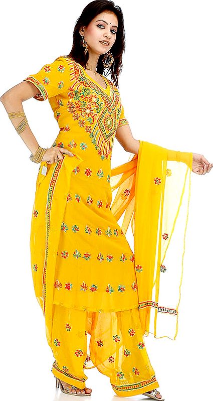 Mustard Lukhnavi Chikan Salwar Kameez with Multi-Color Embroidery