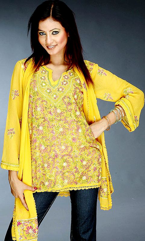 Mustard Lukhnavi Chikan Sequined Top with Stole