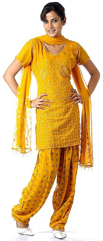 Mustard Salwar Kameez  Suit with All-Over Embroidery
