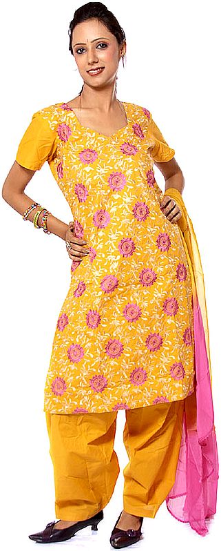 Mustard Salwar Kameez with All-Over Embroidered Chakras