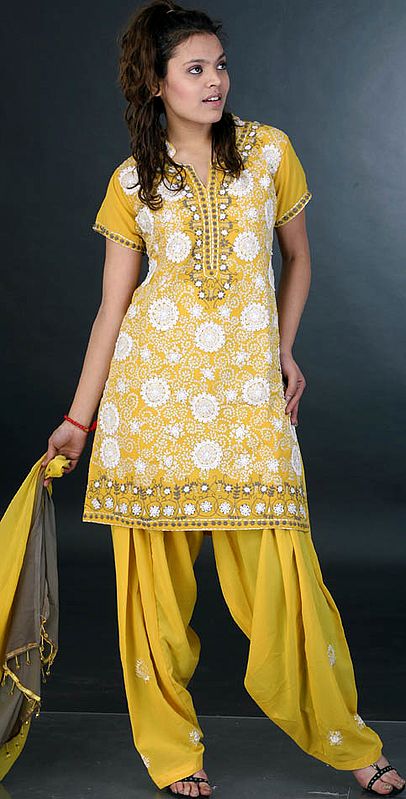 Mustard Salwar Suit with All-Over Embroidery