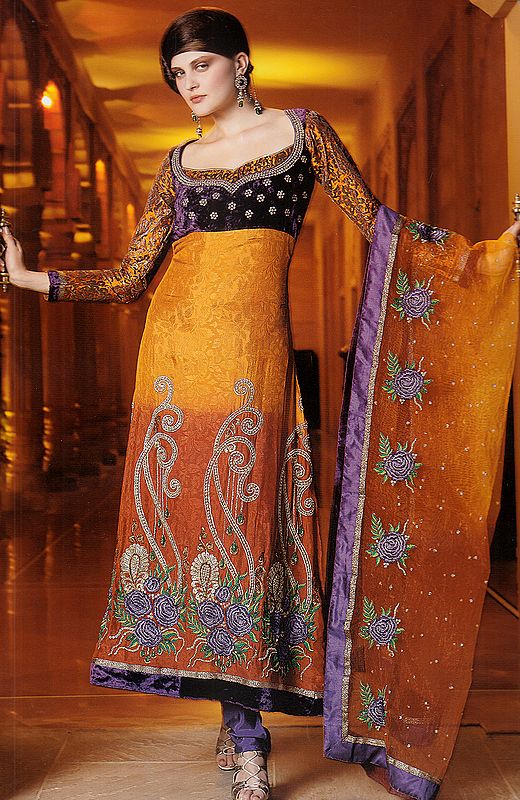 Mustard Shaded Choodidaar Suit with Velvet Applique, Crewel Embroidered Flowers and Sequins