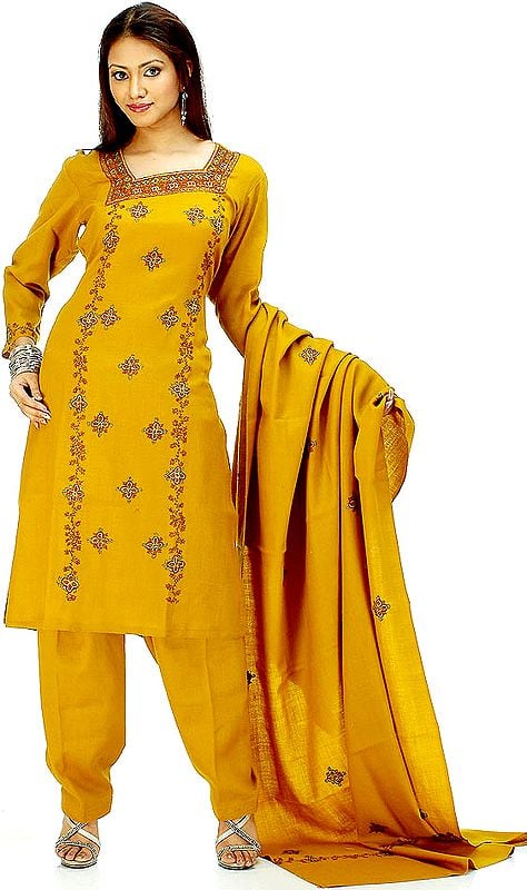 Mustard Suit with Threadwork and Shawl