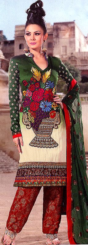 Myrtle-Green Salwar Kameez with Crewel Embroidered Bouquet and Patch Border