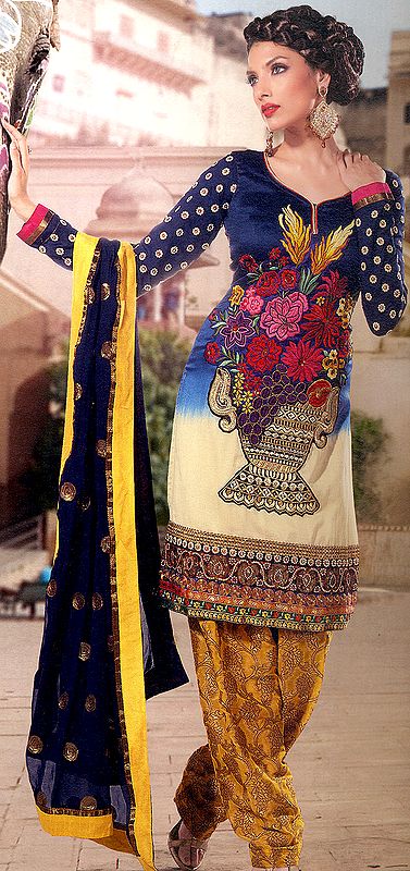 Navy-Blue and Ivory Designer Choodidaar Kameez Suit with Crewel Embroidered Bouquet of Flowers