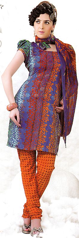Navy-Blue and Orange Choodidaar Suit with Modern Print and Self Weave