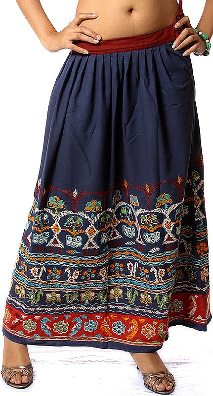 Navy-Blue Hand-Embroidered Skirt from Kutchh with Mirrors