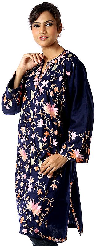 Navy-Blue Kashmiri Phiran with Embroidered Flowers All-Over
