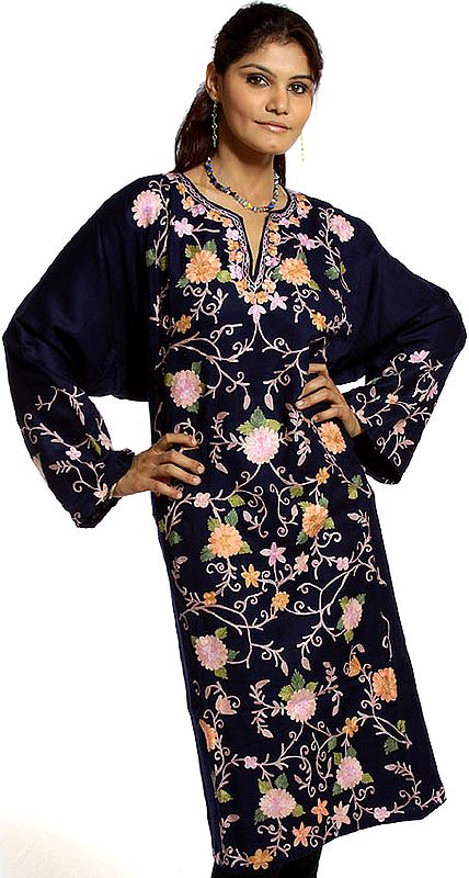 Navy-Blue Kashmiri Phiran with Embroidered Flowers All-Over