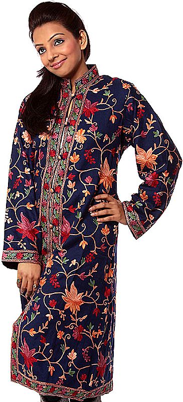 Navy-Blue Long Jacket from Kashmir with Crewel Embroidered Flowers