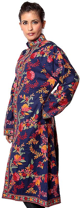 Navy-Blue Long Jacket from Kashmir with Embroidered Flowers All-Over