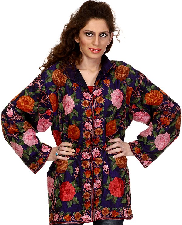 Navy-Blue Kashmiri Jacket with Aari Embroidered Roses All-Over