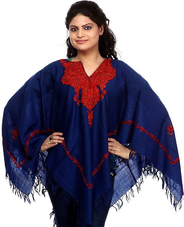 Navy-Blue Poncho from Kashmir with Aari Embroidery by Hand on Neck and Border