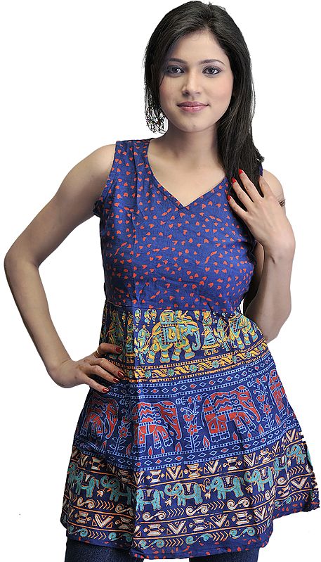 Navy-Blue Short Summer Top with Printed Elephants