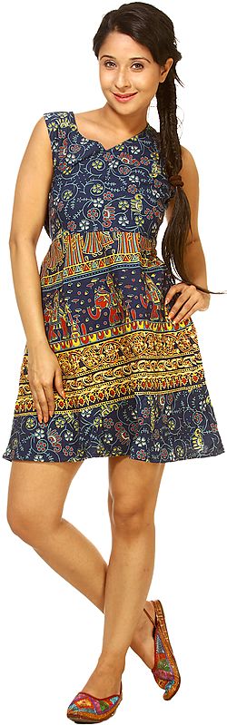 Navy-Blue Summer Dress with Printed Elephants