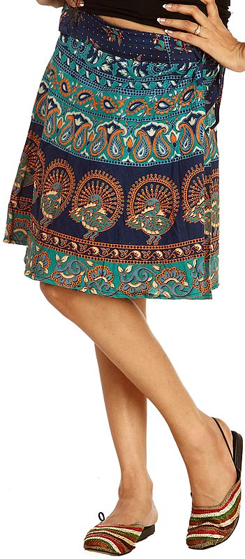 Navy-Blue  Wrap-Around Sanganeri Mini-Skirt with Printed Dancing Peacocks