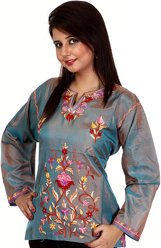 Neutral-Gray Kashmiri kurti with Hand Embroidered Flowers