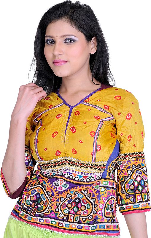 Nugget-Gold Backless Choli From Kutch with Rabari Embroidery and Bandhani Print