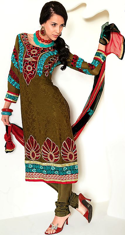 Nutria-Green Choodidaar Suit with Self Weave and Crewel Embroidered Motifs