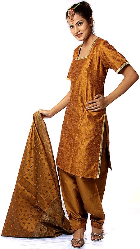 Ochre Banarasi Salwar Kameez Fabric with All-Over Tanchoi Weave