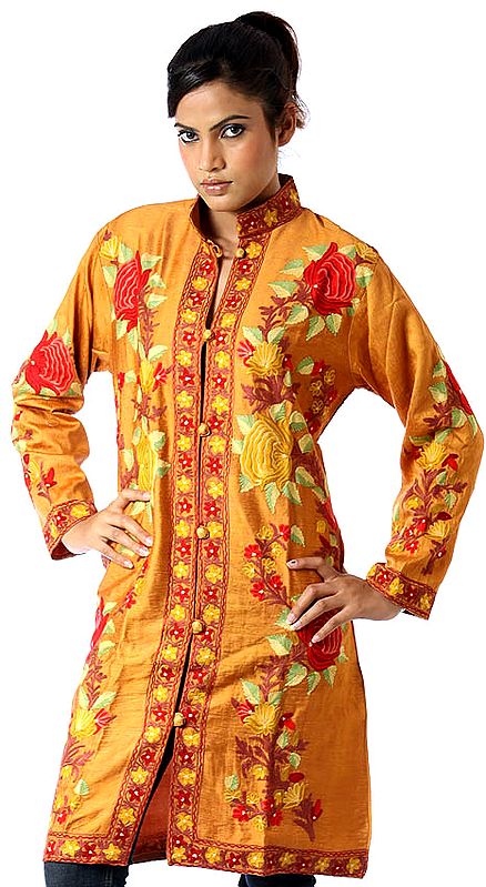 Ochre Long Silk Jacket with Large Embroidered Flowers