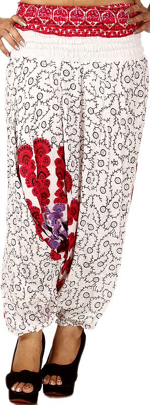 Off-White and Pink Harem Trousers with Printed Motiffs
