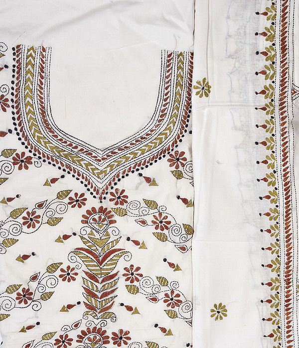 Off-White Salwar Kameez Fabric with Kantha Stitch Embroidered Flowers