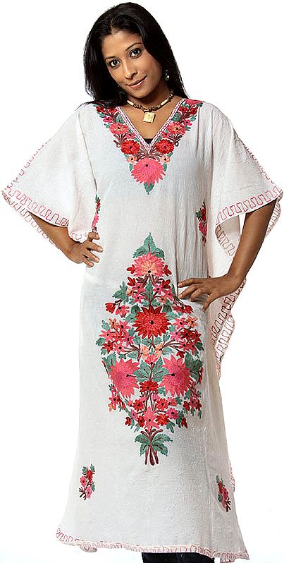 Off-White V-Neck Kaftan from Kashmir with Aari-Embroidered Flowers
